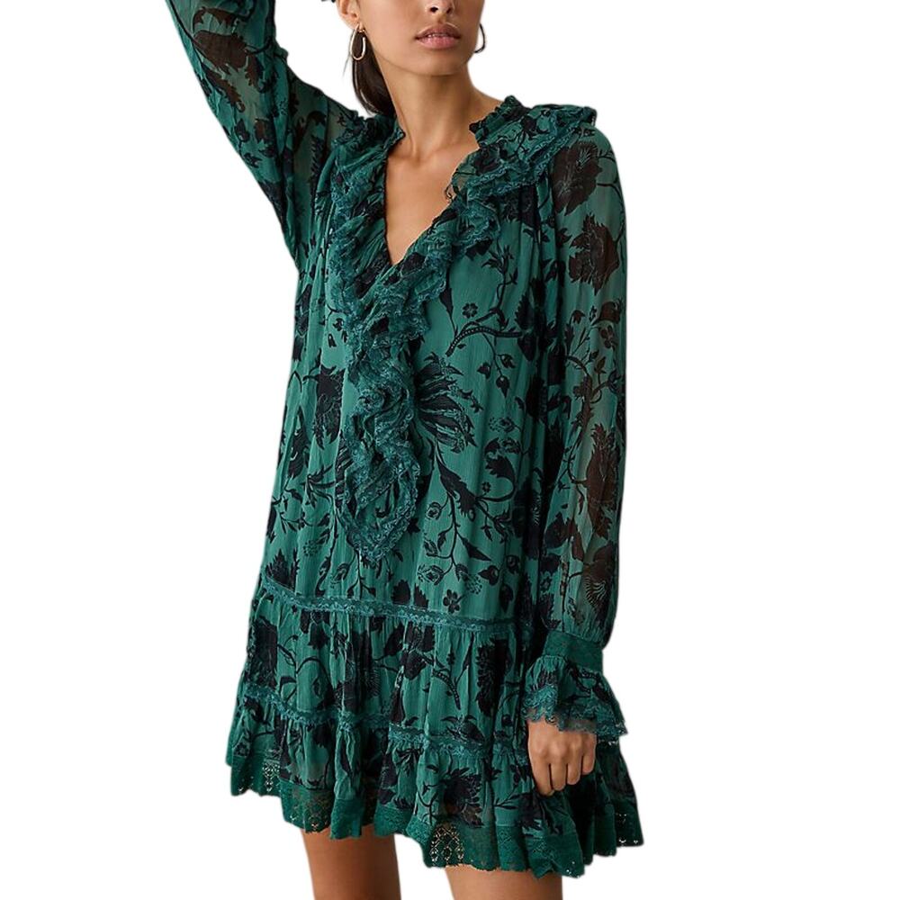 Anthropologie Sheer Green Motif Florence Balducci Ruffle V Neck Dress Size XXS